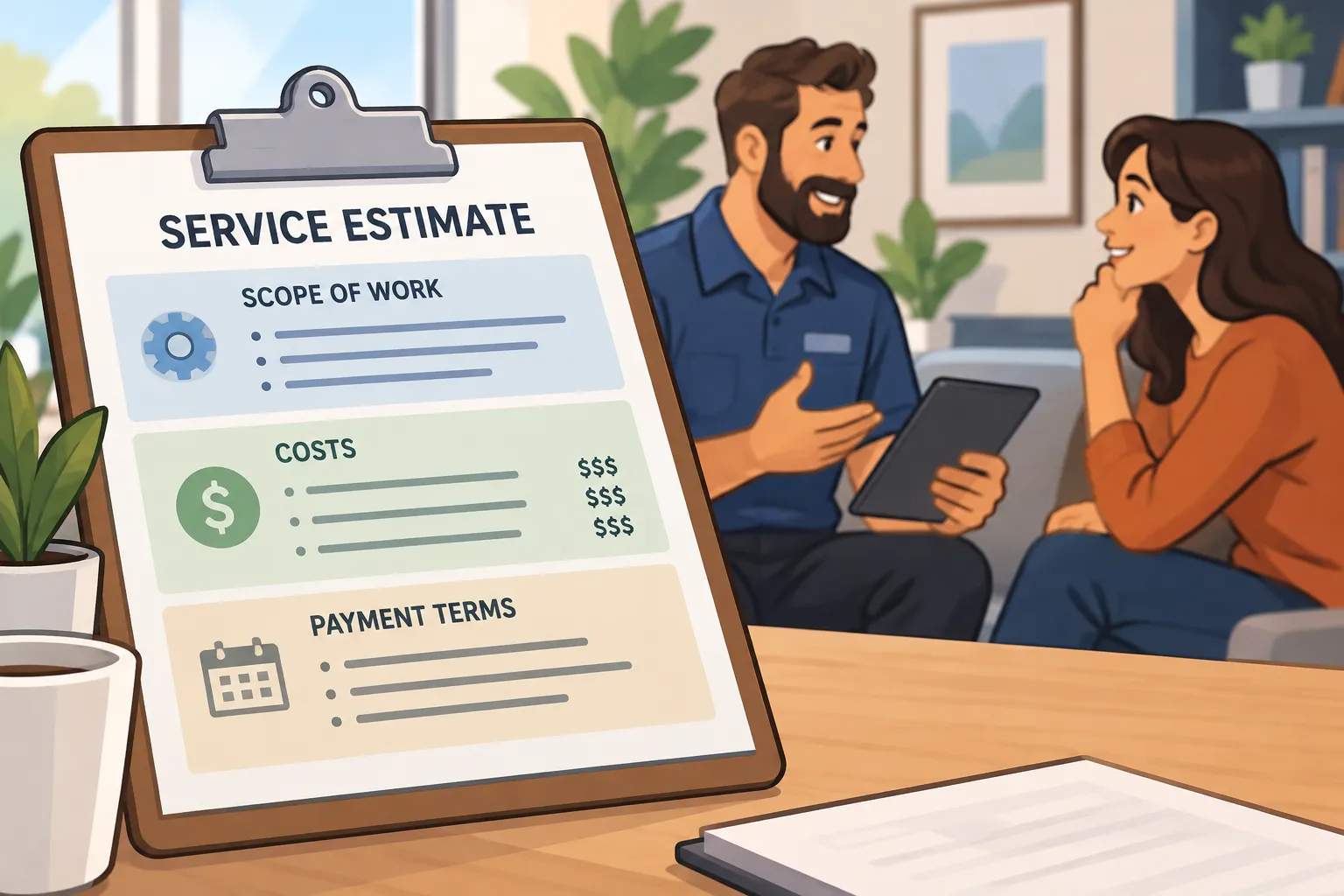 Cartoon of a clear service estimate document and discussion between customer and provider