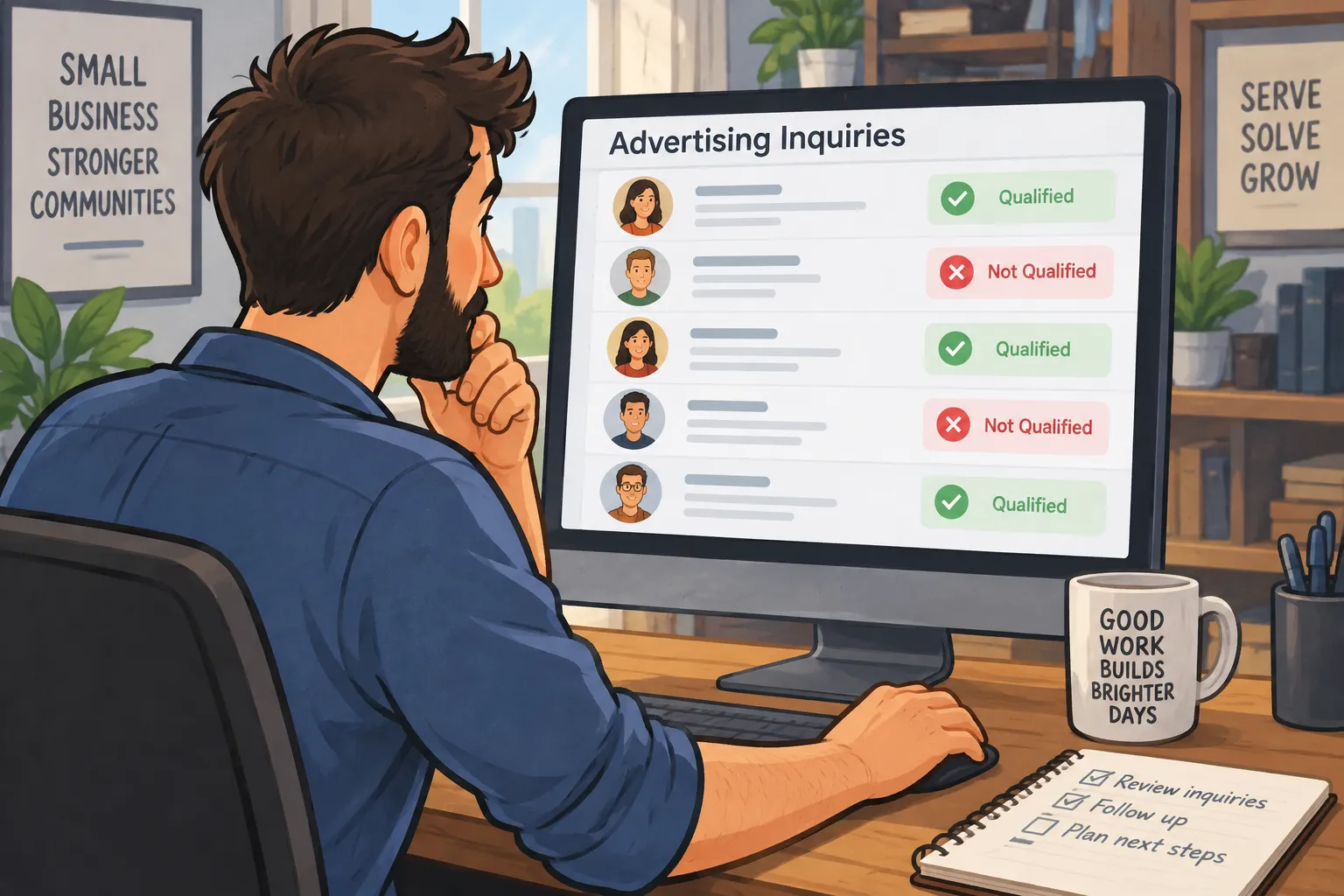 Illustration of a service business owner sorting advertising inquiries on a computer