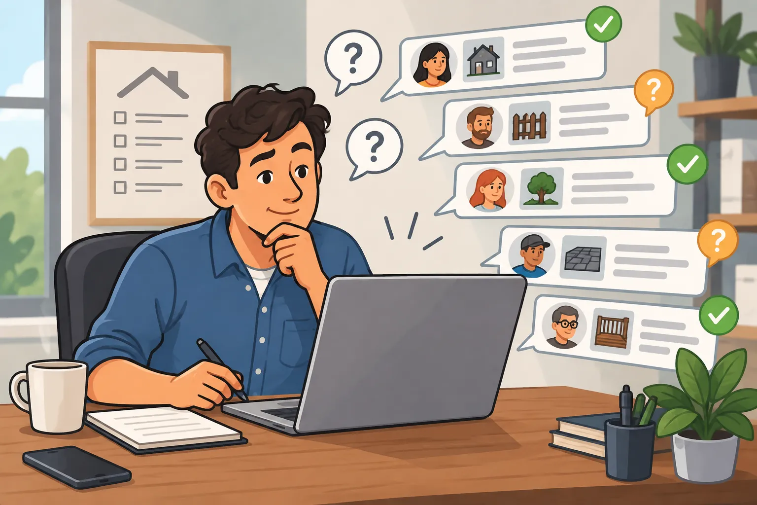 Illustration of a small business owner reviewing advertising inquiries on a laptop with question and check mark bubbles