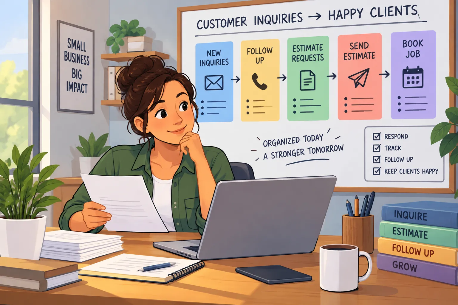 Cartoon of a service business owner organizing customer inquiries and estimates at a desk
