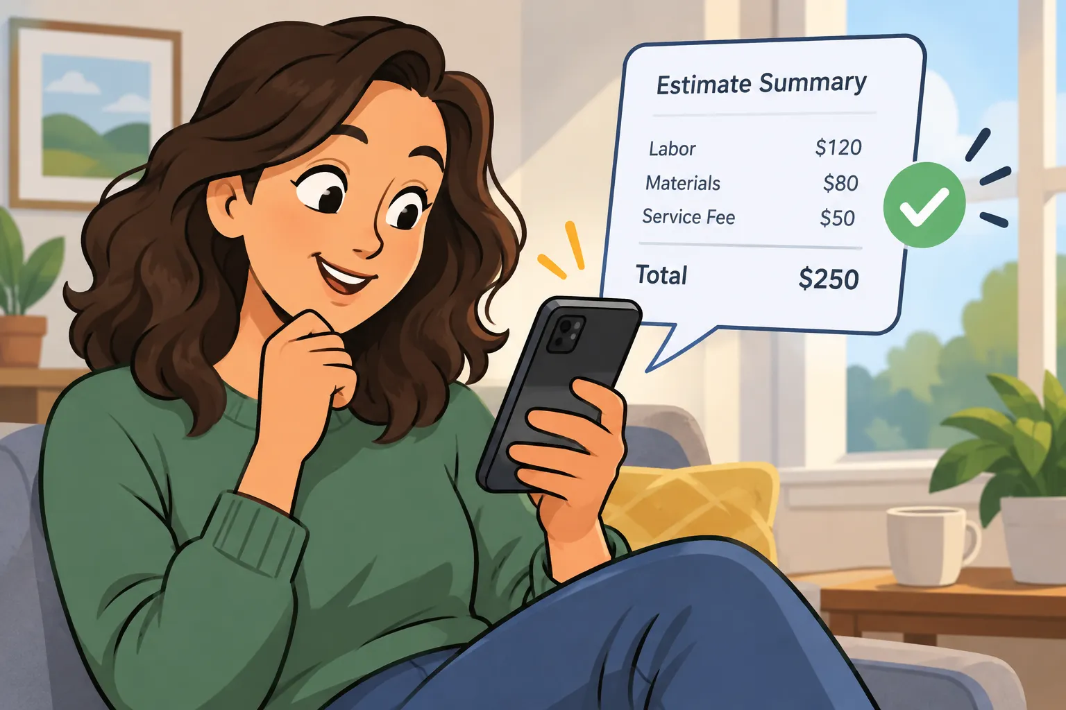 Cartoon of a customer reading an estimate summary message on a smartphone