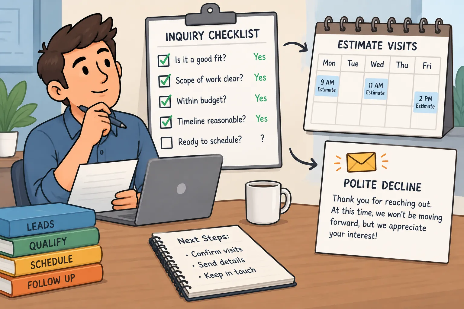 Illustration of a checklist, calendar, and message showing decisions after qualifying inquiries