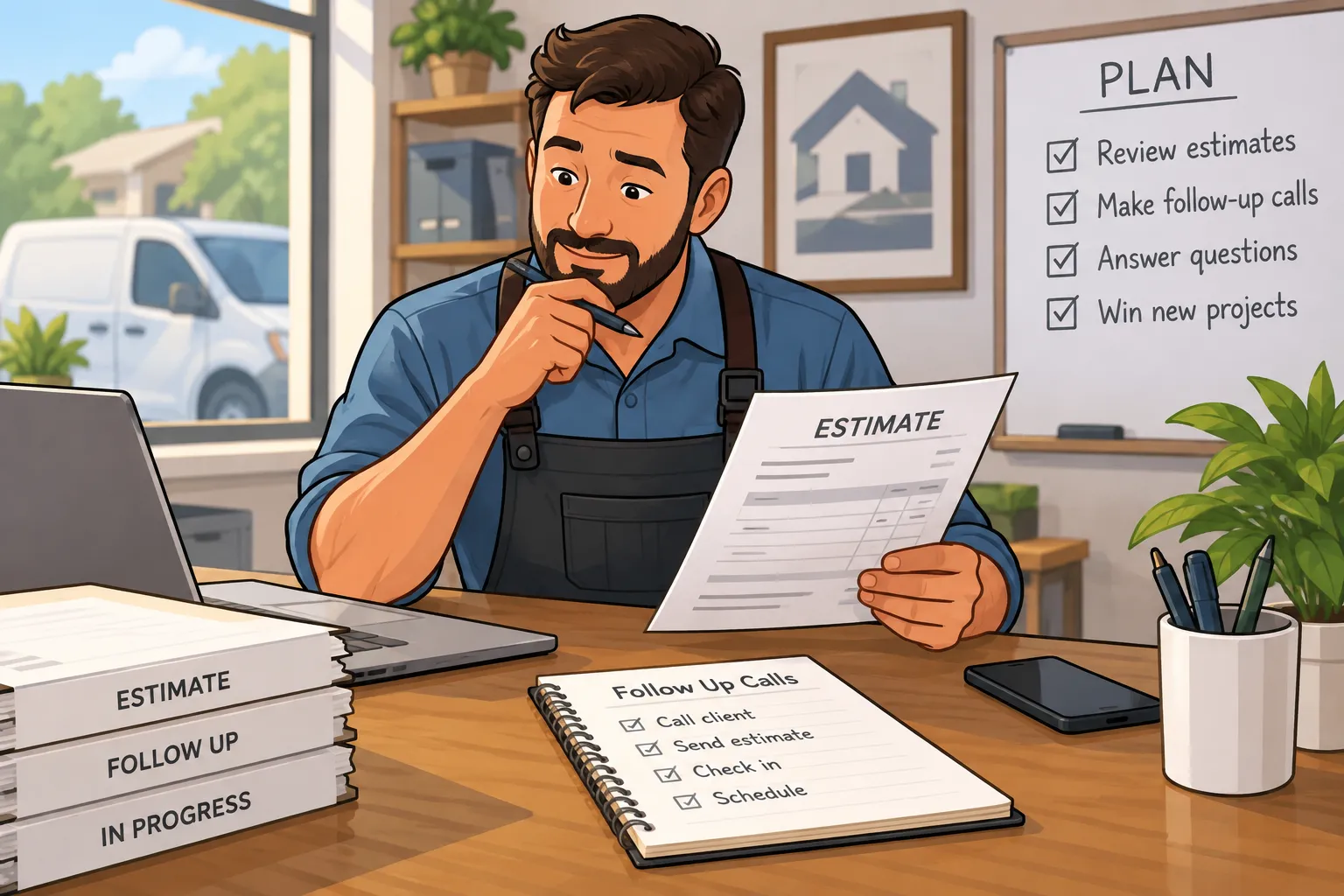 Cartoon of a service business owner organizing estimate follow-ups with paperwork and phone